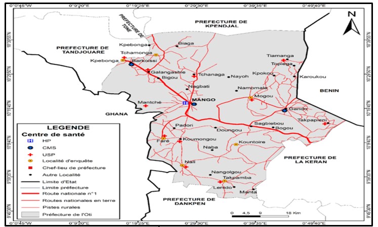 Répartition spatiale des centres de santé dans la Préfecture de l’Oti