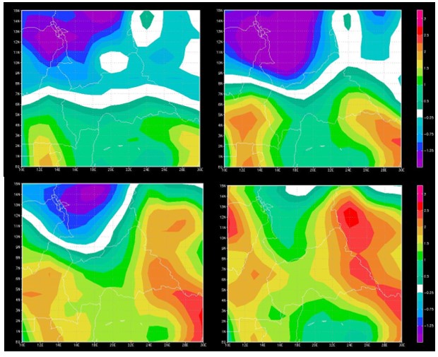 Différences entre les températures journalières moyennes selon la réanalyse du NCEP  et selon la moyenne d’ensemble des 12 modèles climatiques