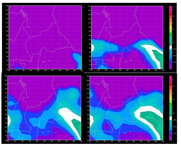 Différences entre les températures journalières moyennes de l’espace centrafricain selon la réanalyse du NCEP et les valeurs les plus froides de l’un quelconque des 12 modèles climatiques