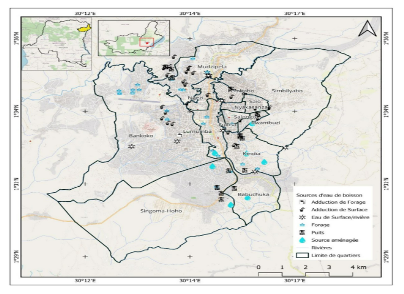 Sources d’eau de boisson dans la ville de Bunia et points d’échantillonnage considérés