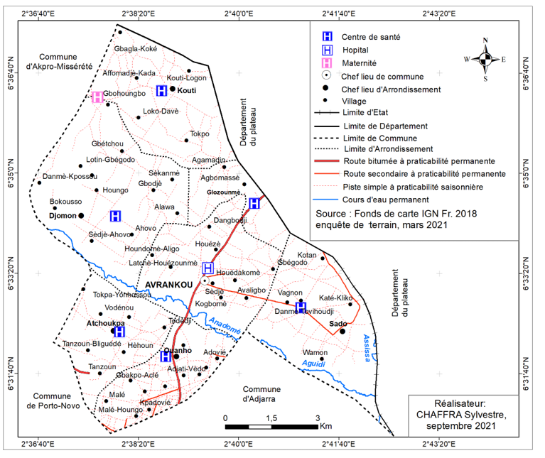 Répartition spatiale des infrastructures sanitaires dans la commune de Avrankou