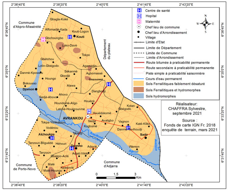 Typologie des sols et réseau routier en fonction des centres de santé de la commune 